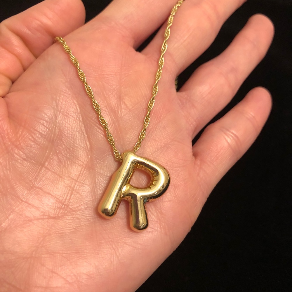 Gold Tone Bubble Letter Initial 'R' Necklace
